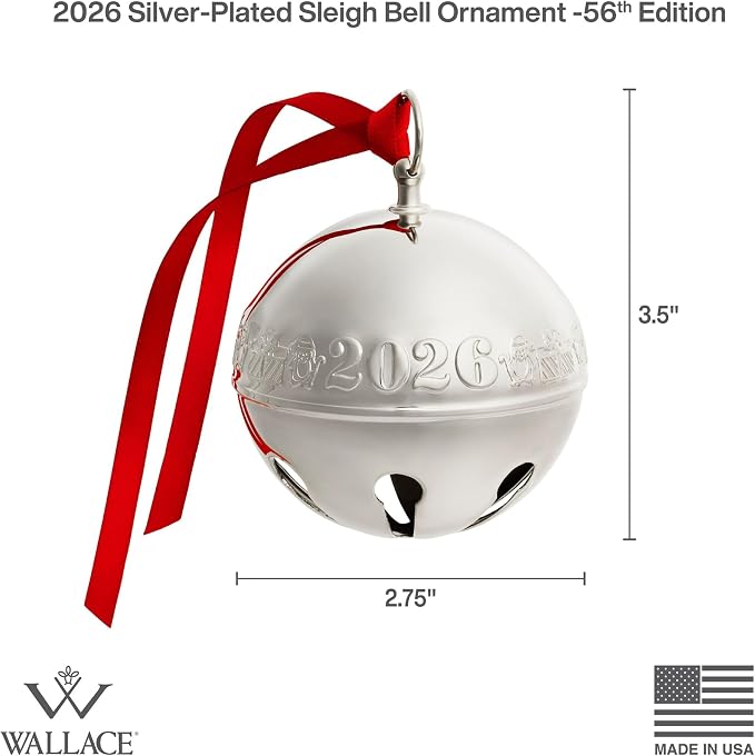 Wallace 2026 Silver-Plated Sleigh Bell Ornament 56th Edition - Penguins and Presents Annual Collectible Holiday Bell with Gift Box