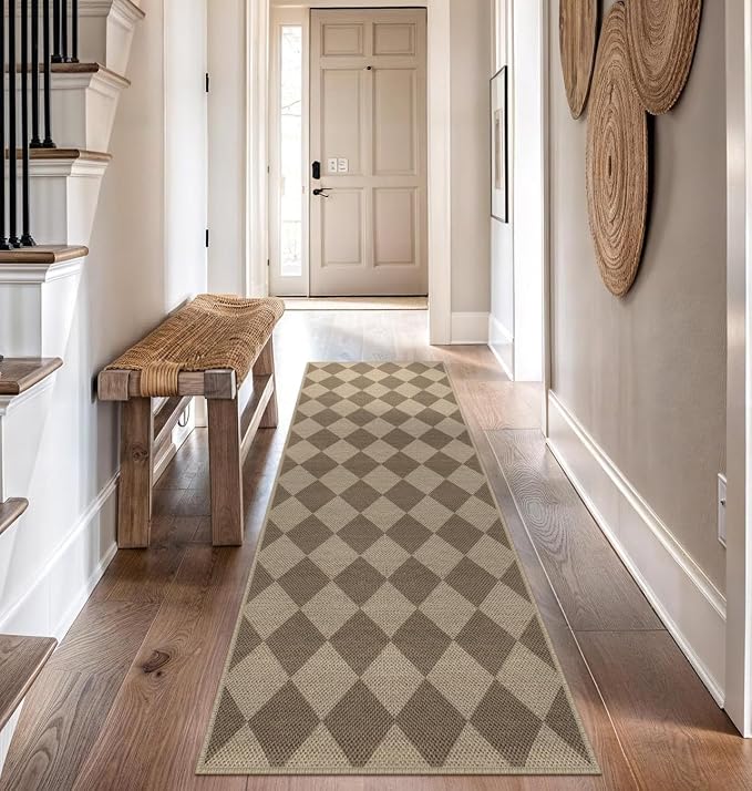 Rugalia Easy Jute Checkered Runner Rug, 2.6x8 Brown Modern Washable Rugs Runner for Hallway Non-Slip Kitchen Runner Rug, Geometric Diamond Indoor Outdoor Carpet for Porch Laundry Entryway