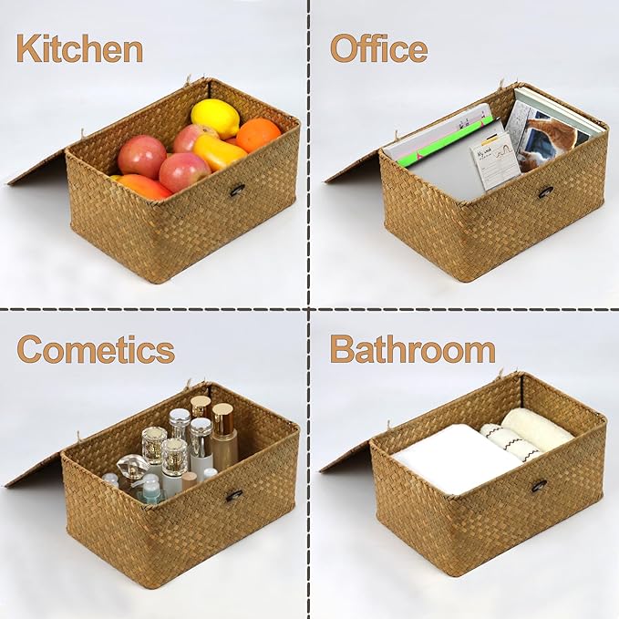 Seagrass Wicker Storage Basket with Lid, Large, Natural | Large Storage Box, Shelf Organizer, Rectangular Woven Bin, Multipurpose Home Storage, Natural Decor, 13 x 8.66 x 6.1