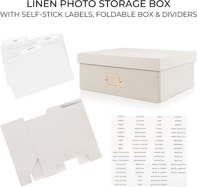 ZICOTO Decorative Photo Storage Box - Sturdy Linen Photo Organizer with Dividers is Perfect to Store up to 1700 Pictures and 4x6 Photos - Portable Scrapbook Storage Containers with Lid