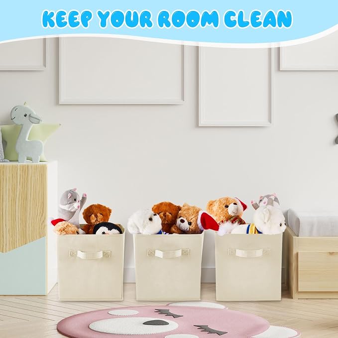 Yinder 12 Pcs Cube Storage Bin Beige 10.5''x10.5''x11'' Storage Bins for Playroom Decor Colorful Bins for Kids Foldable Baskets for Nursery Organizer Boxes Fabric Boxes
