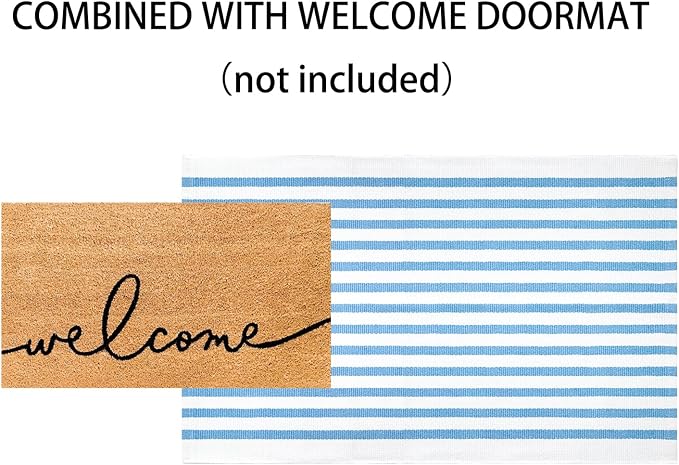 Light Blue White Outdoor Front Door Mat 24"x35",Cotton Woven Washable Striped Layered Doormat Indoor Outdoor Area Rug for Entryway Porch Decor Home Entrance