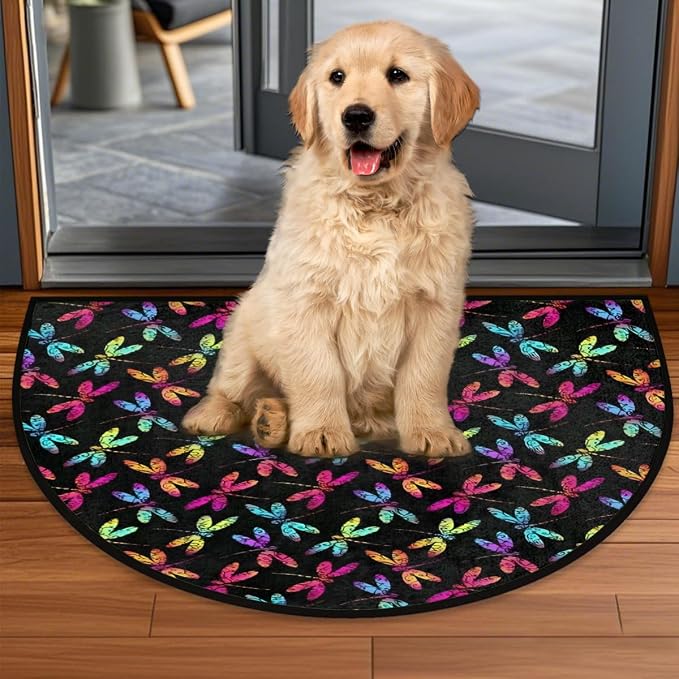Pardick Half Round Doormat Dragonfly Animal Semi Circle Rug Non Slip Indoor Outdoor Entrance Half Moon Rug Washable Front Floor Mat for Kitchen Bathroom Patio Fireplace Holiday Decor