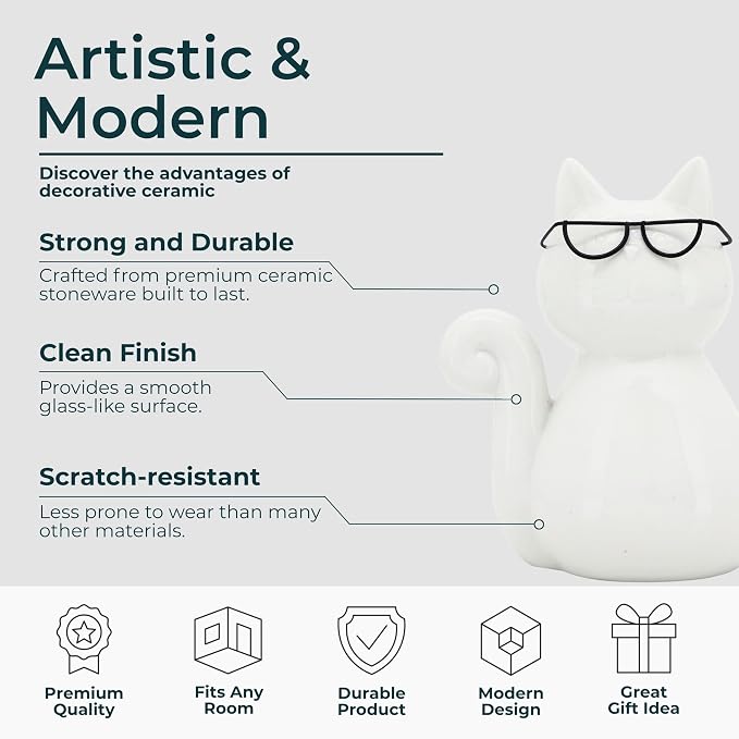 Ceramic Cat Figurine Sculpture – White Porcelain Stoneware Statue with Modern Glam Minimalist Design – Home Decor Accent for Bookshelf, Coffee Table, Bedroom, Office & Living Room – 8", White