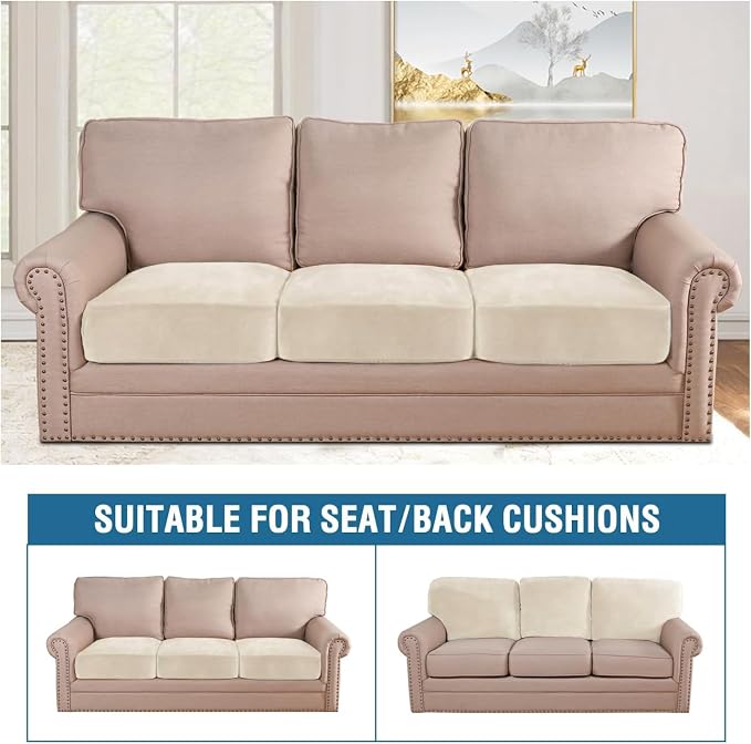 H.VERSAILTEX Velvet Stretch Couch Cushion Cover Plush Cushion Slipcover for Chair Loveseat Sofa Cushion Furniture Protector Seat Cushion Sofa Cover (3 Piece Sofa Cushion Covers, Cream)