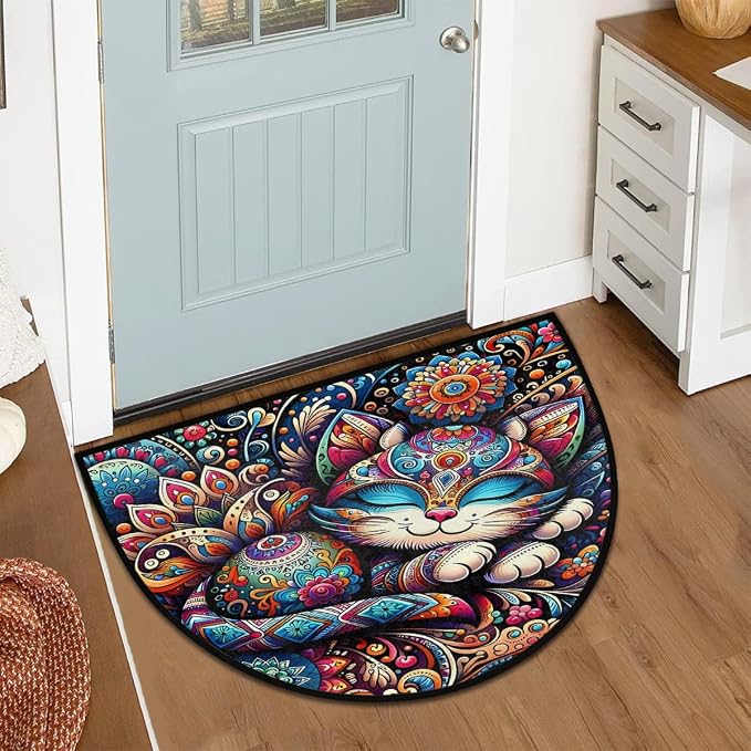 Cat Cute Colorful Half Round Door Mat Non-Slip Semi Circle Rug Washable Half Moon Floor Rug Absorbent Bathroom Area Rugs for Outdoor Indoor Fireplace Mat Entryway Kitchen Decor Rugs