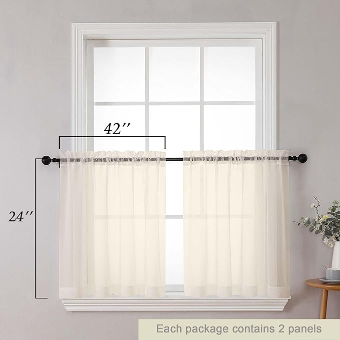 Kitchen Curtains 24 Inch Length Tier 2 Pieces, Cream Sheer Curtain Solid Soft - Image 2
