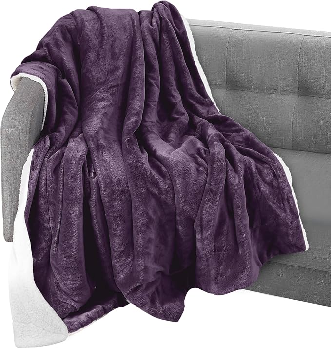 Elegant Comfort Throw Blanket, Reversible Sherpa Flannel, Ultra-Soft, Fuzzy, Cozy and Plush- All Season Lightweight Decorative Throw, 50 x 60 inches, Solid Sherpa Throw, Purple