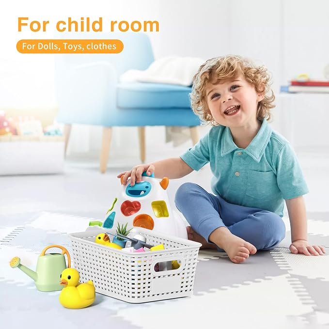 8 Pack Plastic Storage Baskets,White Stackable Storage Bins | 5.3qt Storage Containers with Labels for Organizing Shelves Drawers Desktop Closet Playroom Classroom Office