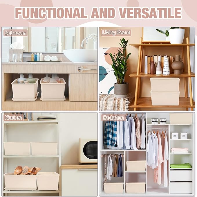 Menkxi 6 Pcs Storage Bins with Lids Small Plastic Storage Containers Stackable Storing Baskets Box Cute Organizer Bins for Organizing Shelves (Beige)