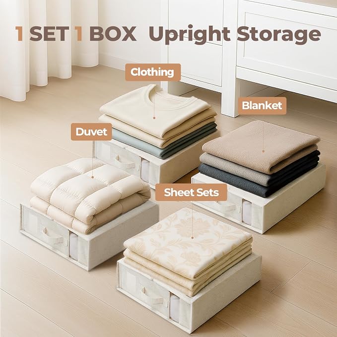 Cotton Linen Sheet Organizers and Storage, 8Pack Off-White | Undyed Natural Cotton Linen Fabric, Fits King and Queen Sheet Sets, Clear Window with Label Slot, Sturdy Foldable Organizer
