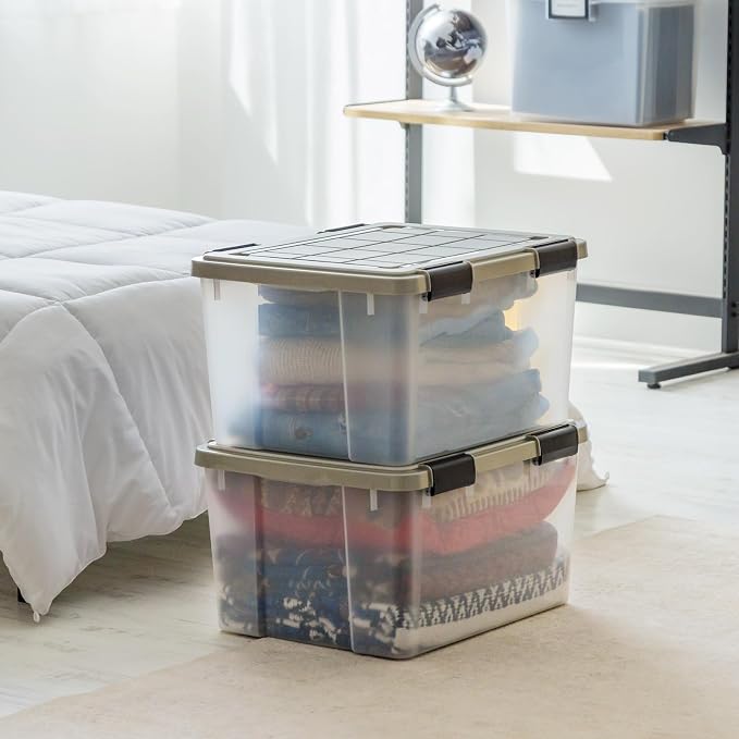 IRIS USA 2-Pack 44 Qt Storage Bins with Gasket Lids, Clear/Chrome | WeatherPro seal helps protect bulky items for moving, garage, attic and basement storage