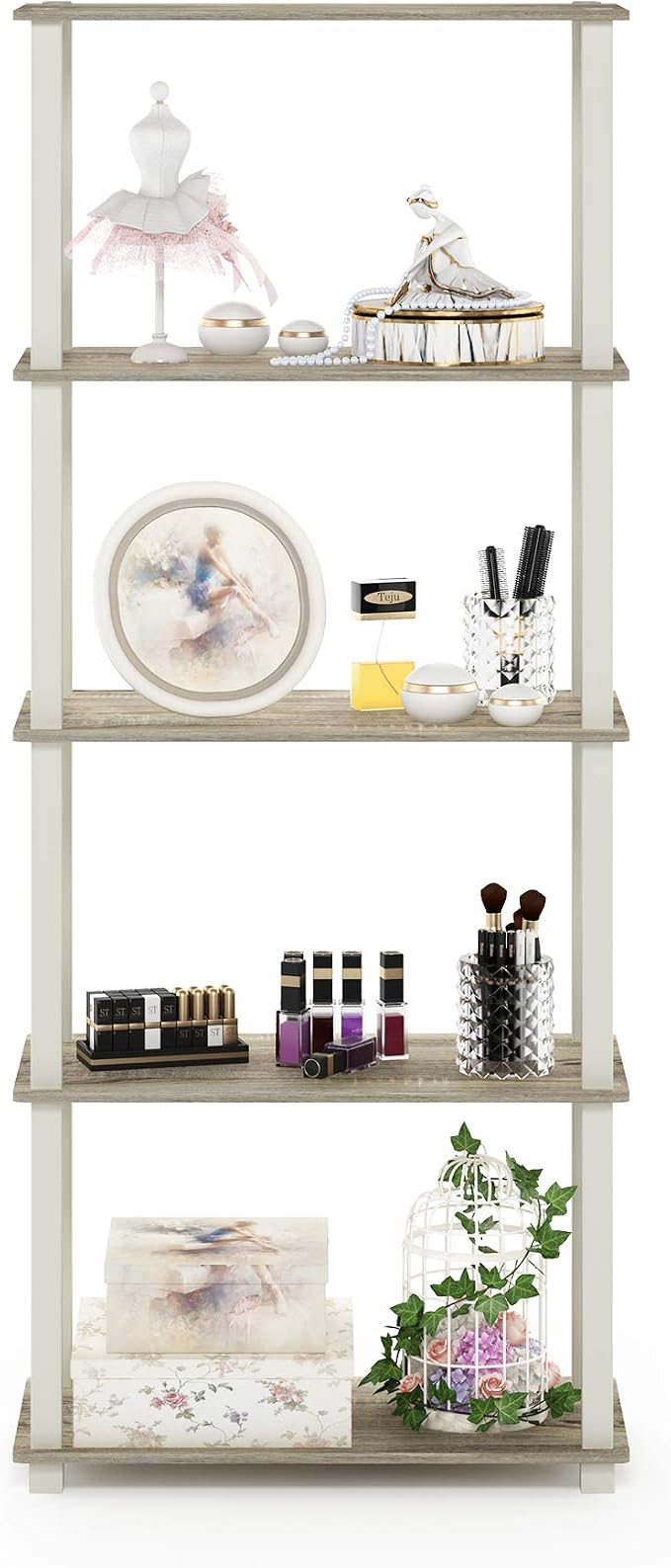 Furinno Turn-N-Tube 5-Tier Multipurpose Shelf / Display Rack / Storage Shelf / Bookshelf, Square Tubes, Sonoma Oak/White | Tool-Free Storage Shelves with Square Tubes, Shelving Unit, for Organization and Storage, for Living Room, Home Office