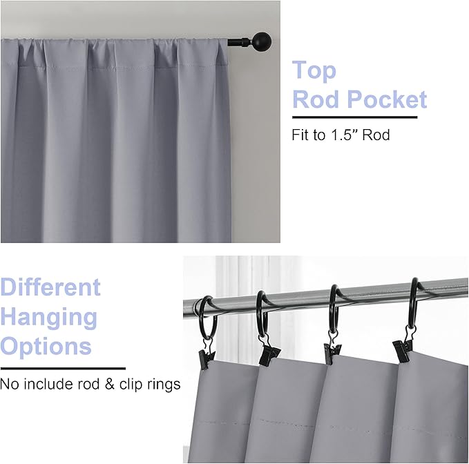 Simplebrand Ava Silver Grey Blackout Curtains for Bedroom, 72 Inch Length 2 Panels, Privacy Thermal Insulated Rod Pocket Window Curtains for Patio French Door, W40 x L72 Inch