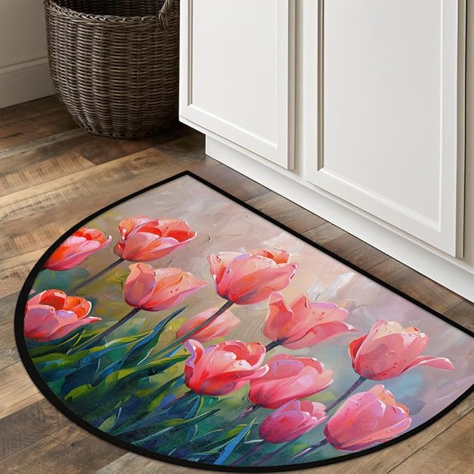 Pink Tulip Flower Half Round Door Mat Non-Slip Semi Circle Rug Washable Half Moon Floor Rug Absorbent Bathroom Area Rugs for Outdoor Indoor Fireplace Mat Entryway Kitchen Decor Rugs