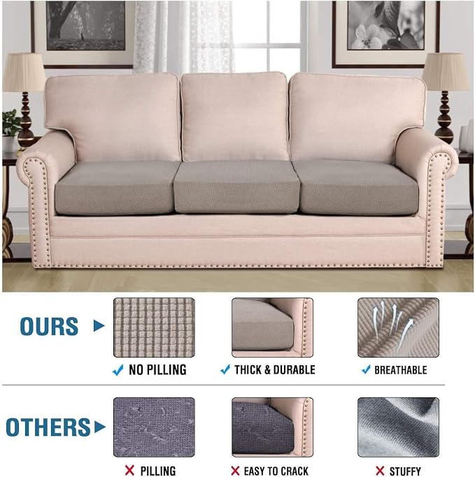 H.VERSAILTEX Super Stretch Individual Seat Cushion Covers - Sofa & Couch Cushion Slipcover Sets - Thick Jacquard Textured Twill Fabric (3 Piece XL Sofa Cushion Covers, Taupe)