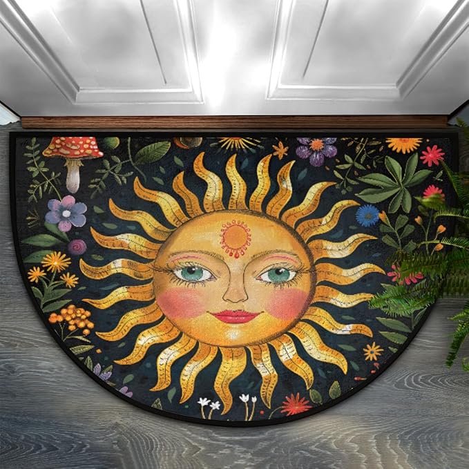 Sun Half Round Doormat Non-Slip Semi Circle Rug Half Moon Mat | Mushroom Flower Ethnic Washable Soft Absorbent Indoor Outdoor Entrance Kitchen Bathroom Sink Welcome Fireplace Floor Rug