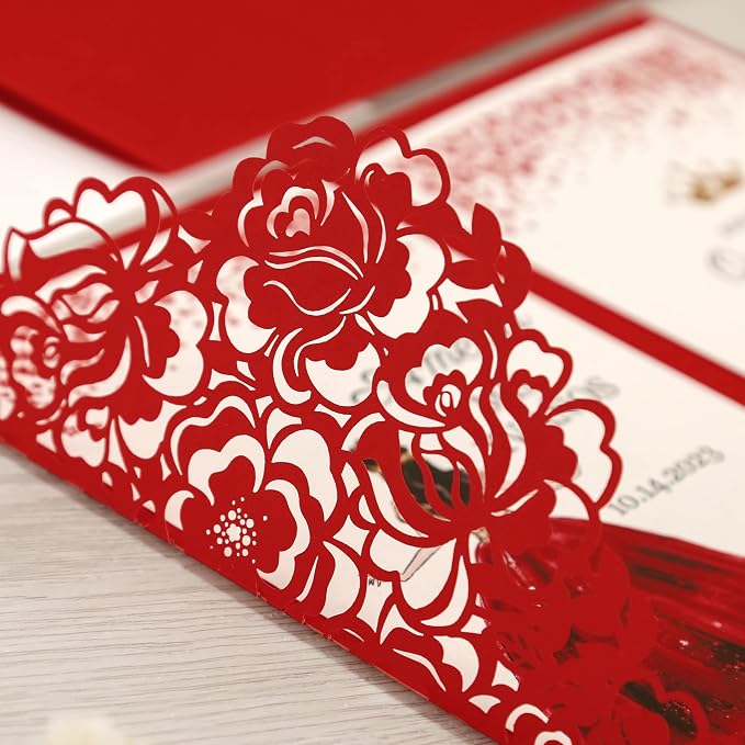 DORIS HOME 50Pcs Personalized Laser Cut Quinceanera Invitations, Red | 4.7"x7.1", Customized Quince Invitations, For 15th Birthday, Sweet 16, With Envelopes