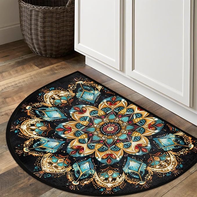 Mandala Boho Half Round Rug Half Moon Door Mat Half Circle Rugs | Ethnic Washable Non-Slip Semi Circle Rug Welcome Half Round Door Mat Indoor Entrance Kitchen Bedroom Living Room Decor