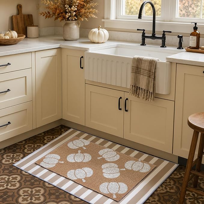 2Pcs Fall White Pumpkin Doormats Autumn Buffalo Plaid Striped Door Mats Set Outside Inside Entrance Porch Rugs Durable Scraping Wire Loop Crystal Velvet Floor Mat for Thanksgiving Decor 24x32