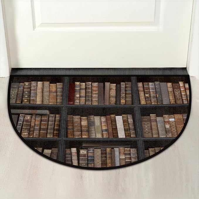 Book Shelf Half Round Doormat Semi Circle Rug Half Moon Rug Entryway Mat | Book Shelf Vintage Washable Non Slip Outdoor Floor Rug Kitchen Mat for Indoor Outdoor Bathroom Fireplace Bath Decor