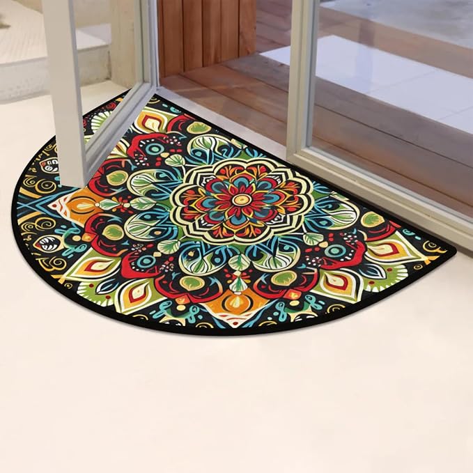 Half Round Door Mat Ethnic Flower Colorful Mandala Non-Slip Semi Circle Area Rug Washable Half Moon Hearth Rugs for Indoor Outdoor Bathroom Kitchen Patio Runner Mat Laundry Room Home Decoration