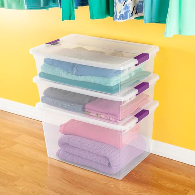 Sterilite 32 Qt ClearView Latch Storage Box, Stackable Bin with Latching Lid, Plastic Container to Organize Clothes Underbed, Clear Base, Lid, (Pack of 6)