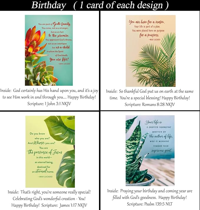 Birthday ~ No Repeated Designs~ 32 Cards and Designs ~ Christian/Religious Greeting Card Assortment #2 ~ Scripture in every card ~ Envelopes Included