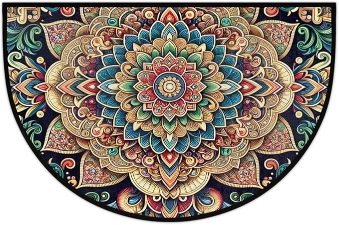 Ethnic Mandala Half Round Rug Half Moon Door Mat Half Circle Rugs | Flowers Washable Non-Slip Semi Circle Rug Welcome Half Round Door Mat Indoor Entrance Kitchen Bedroom Living Room Decor
