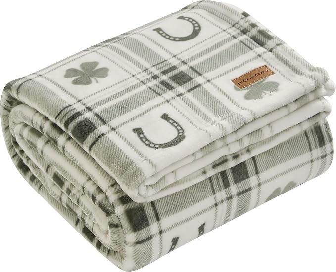 Lucky Brand 50" x 70" Plush Throw Blanket, Clover Horseshoe Plaid Sage Green Blanket for Sofa or Bed
