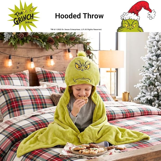 Grinch by Dr. Seuss Hooded Throw - Kids Christmas Bedding Super Soft Throw Blanket - 30 in x 50 in, (Officially Licensed Product) by Franco