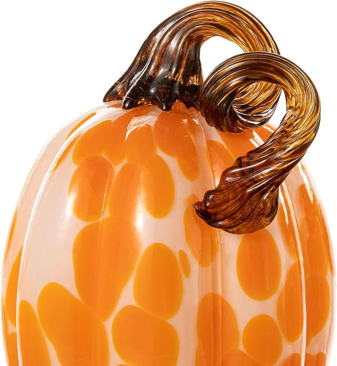 Glitzhome Set of 3 Hand Blown Glitter Glass Pumpkin Table Accent Home Decor for Fall & Harvest Thanksgiving Decorating, Orange Dots