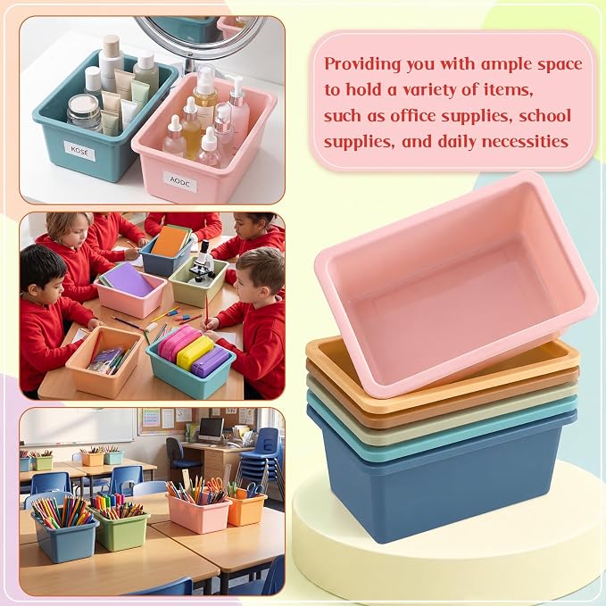 Thyle 6 Pieces Plastic Cubby Bins with Labels Classroom Book Bins Stackable Storage Container Durable Toy Storage Organizer Baskets for School Classroom Office (Classic,Morandi Color1)