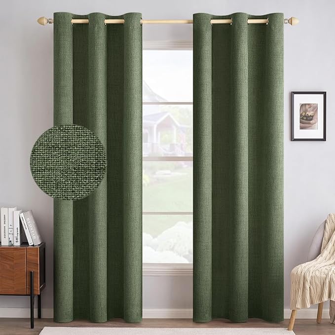 MIULEE 100% Blackout Linen Textured Curtains for Bedroom Solid Thermal Insulated Olive Green Grommet Room Darkening Curtains & Drapes Luxury Decor for Living Room Nursery 42 x 84 Inch (2 Panels)