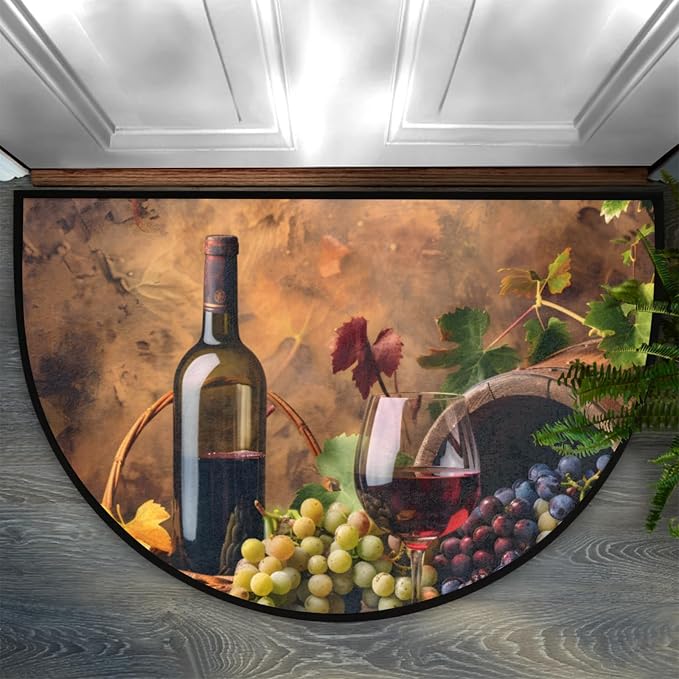 Half Round Doormat Grapes Wine Fruit Non Slip Half Circle Area Rugs Indoor Washable Half Moon Rug Semi Circle Bathroom Runner Mat Entrance Floor Carpet for Kithen Bedroom Fireplace Decor