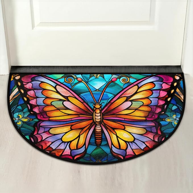 Half Round Door Mat Glass Butterfly Morocco Intdoor Entrance 36x24 In, Non-Slip Welcome Mat for Outdoor Semi Circle Bathroom Floor Rugs,House Entry Way Heavy Duty Doormat for Kitchen Living Room