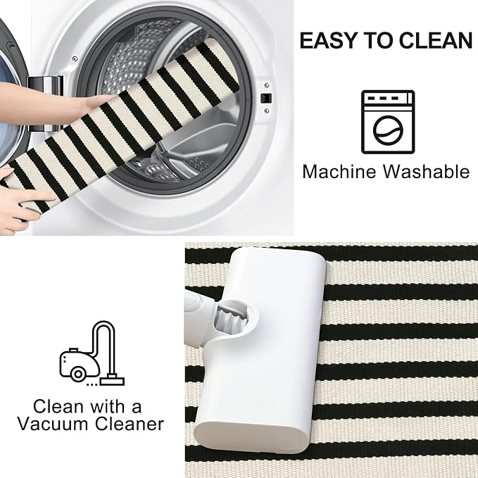 LEEVAN 5'X8' Black and White Striped Woven Cotton Reversible Outdoor Rug | Machine Washable Front Porch Rug, Entryway Door Mat, Indoor Layering Carpet for Balcony Farmhouse Laundry Patio