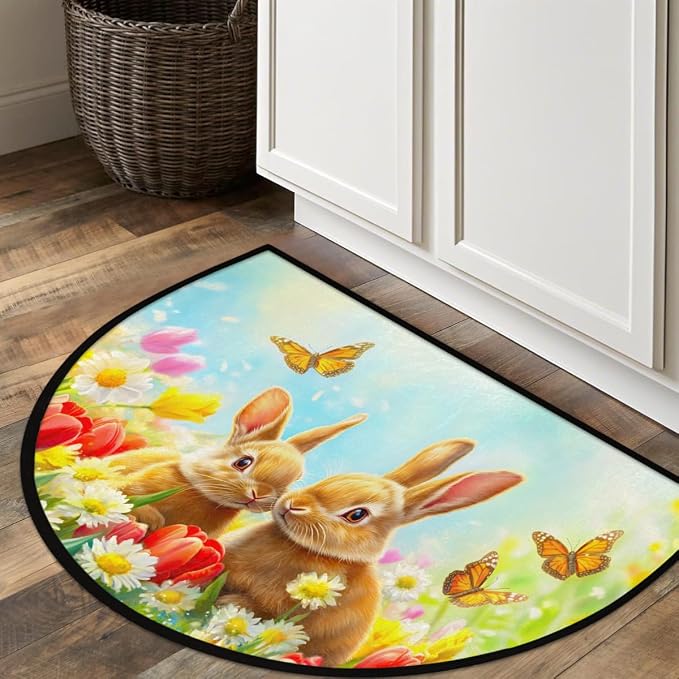 cfpolar Spring Easter Bunny Flower Half Round Door Mat Indoor Entrance Half Circle Area Rug Semi Circular Door Mat Half Moon Rug for Floor Bathroom Living Room Bedroom Kitchen Fireplace 24"x36",A-06