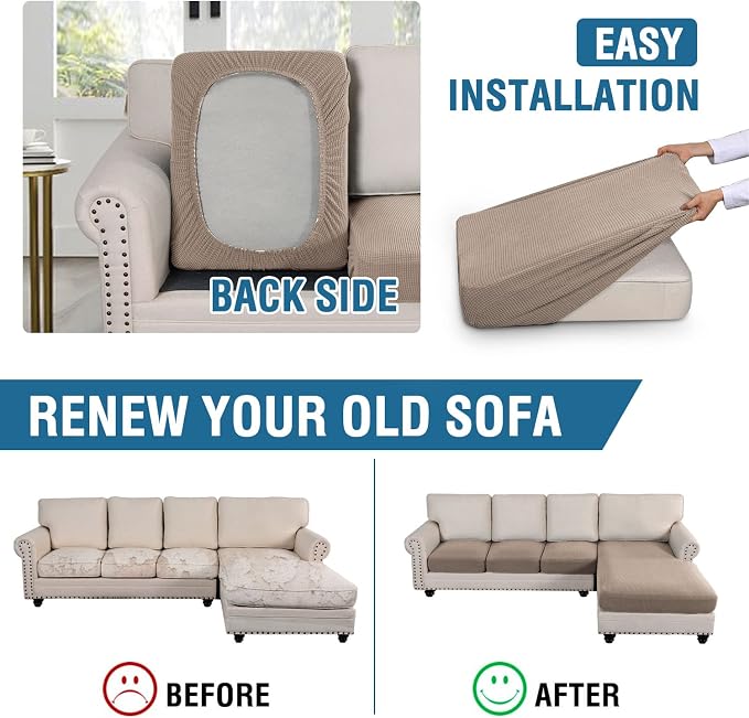 H.VERSAILTEX Sectional Couch Covers 4 Pieces Sofa Seat Cushion Covers L Shape Separate Cushion Couch Chaise Cover for Both Left/Right Sectional Couch (Seat Only: 1 Chaise + 3 Sofa, Sand)