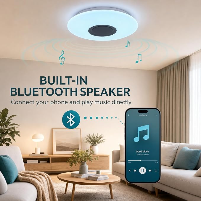 Premium Ceiling Lights with Bluetooth Speaker 19.7-inch 36W, Dimmable 95-265V Modern Smart Home Party Light, Brightness and Music via Phone APP (Remote Includes)