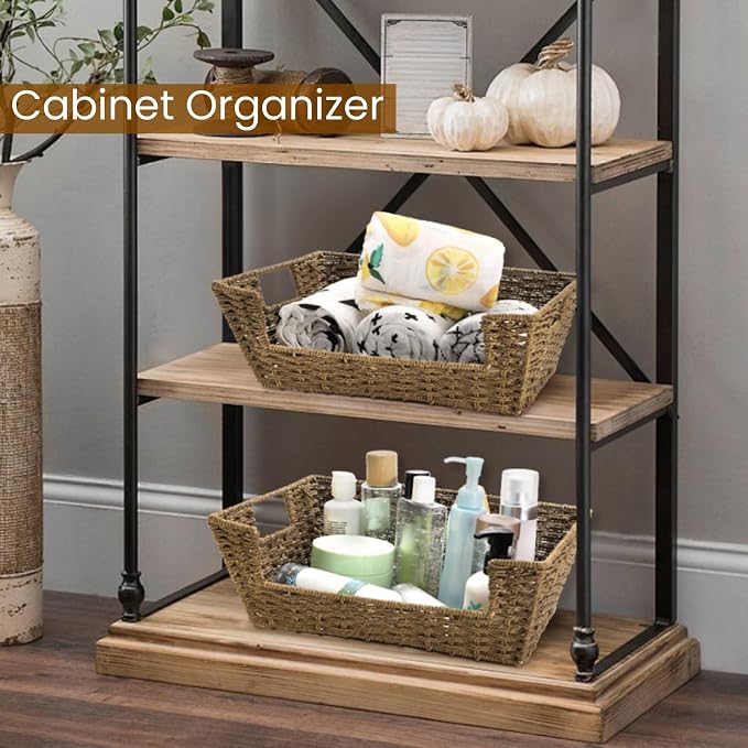 2 Pack Open Front Storage Baskets | Brown Paper Rope Woven Basket with Built-in Handles, 13''L x 10''W x 5''H Pantry Organzier Bins for Shelf, Bedroom, Pantry
