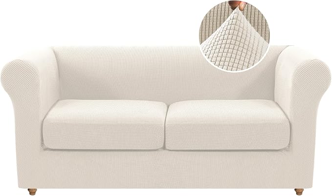 H.VERSAILTEX Loveseat Covers for 2 Cushion Couch 3 Pieces Stretch Traditional Chesterfield Loveseat Covers Mid Century Deep Seat Couch Cover Washable, Thicker Jacquard Fabric(Medium Sofa, Ivory)