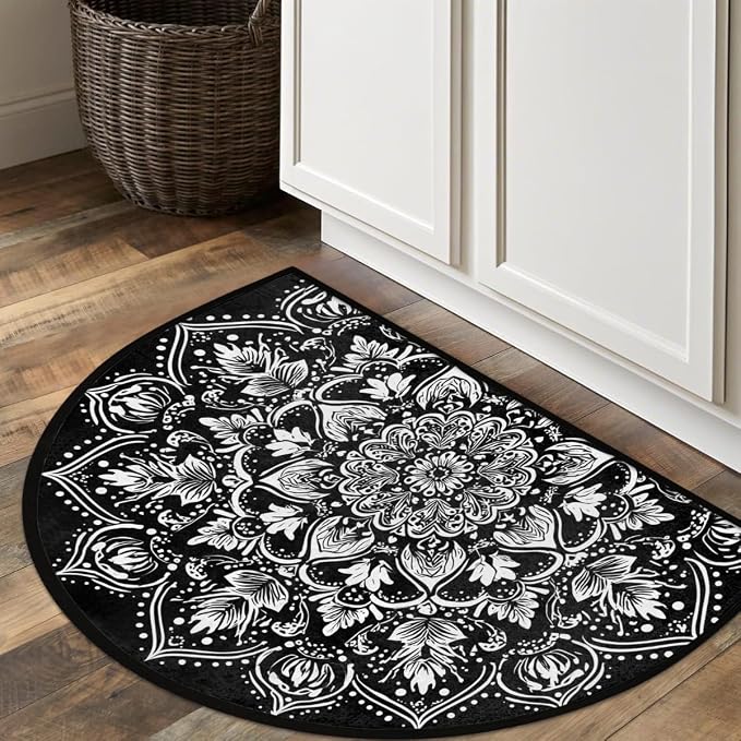 Mandala Black Half Round Door Mat Semi Moon Rug Fireplace Carpet Area Rugs | Mandala Black Non Slip Absorbent Half Circle Mat Carpet for Indoor Outdoor Patio Kitchen Bathroom Entryway Home Decor