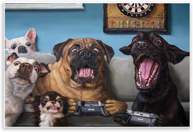Funny Dogs Gaming Comic, 10 x 15 Inch Mounted Print on Wall Plaque | Stupell Industries · By Lucia Heffernan · Ready to hang · Great for game room or kids space · Made in USA