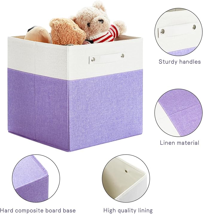 FinishingBo 13x13x13 Storage Cube Bins 6 Pack, Cube Shelf Baskets | Foldable Storage Cubes, Linen Storage Bins with Handles, Closet Organizers, White/Purple
