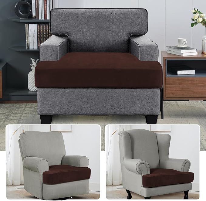 H.VERSAILTEX Stretch Velvet T Cushion Chair Covers for Living Room Armchair Sofa Cover Couch Cover Slipcover T Cushion Seat Cover Stay with Elastic Bands(Armchair, Brown)