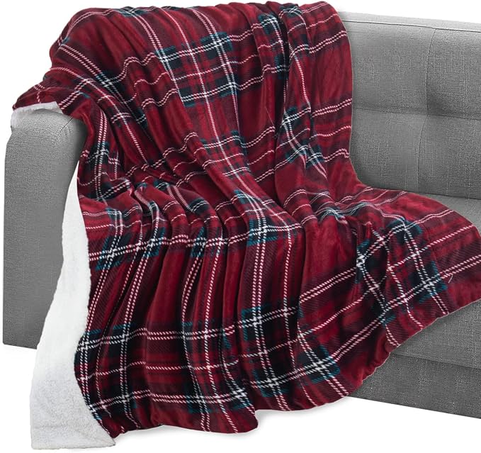 Elegant Comfort Throw Blanket, Reversible Sherpa Flannel, Ultra-Soft, Fuzzy, Cozy and Plush- All Season Lightweight Decorative Throw, 50 x 60 inches, Plaid Design Sherpa Throw, Burgundy