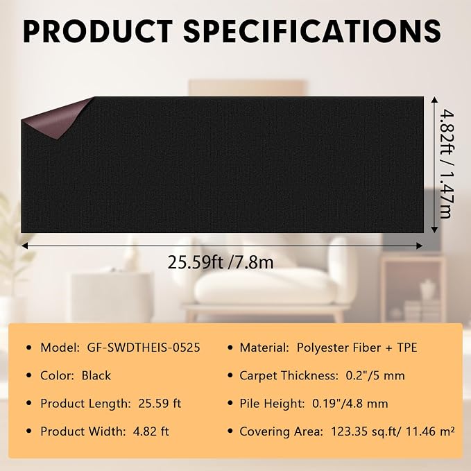 Grefinity Marine Carpet,5 FT x 25 FT Black Indoor Outdoor Carpet 0.2" Thick Boat Rug with Water-Proof TPE Backing for Home, Patio, Porch, Deck