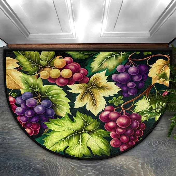 Grape Half Round Doormat Non-Slip Semi Circle Rug Half Moon Mat | Color Fruit Leaves Washable Soft Absorbent Indoor Outdoor Entrance Kitchen Bathroom Sink Patio Welcome Fireplace Floor Rug
