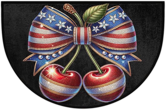 Cherry Flag Half Round Door Mat Non-Slip Semi Circle Rug Washable Half Moon Floor Rug Absorbent Bathroom Area Rugs for Outdoor Indoor Fireplace Mat Entryway Kitchen Decor Rugs